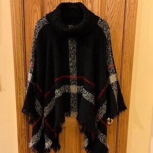 Mixit Black and Gray Plaid Poncho with Red Accents